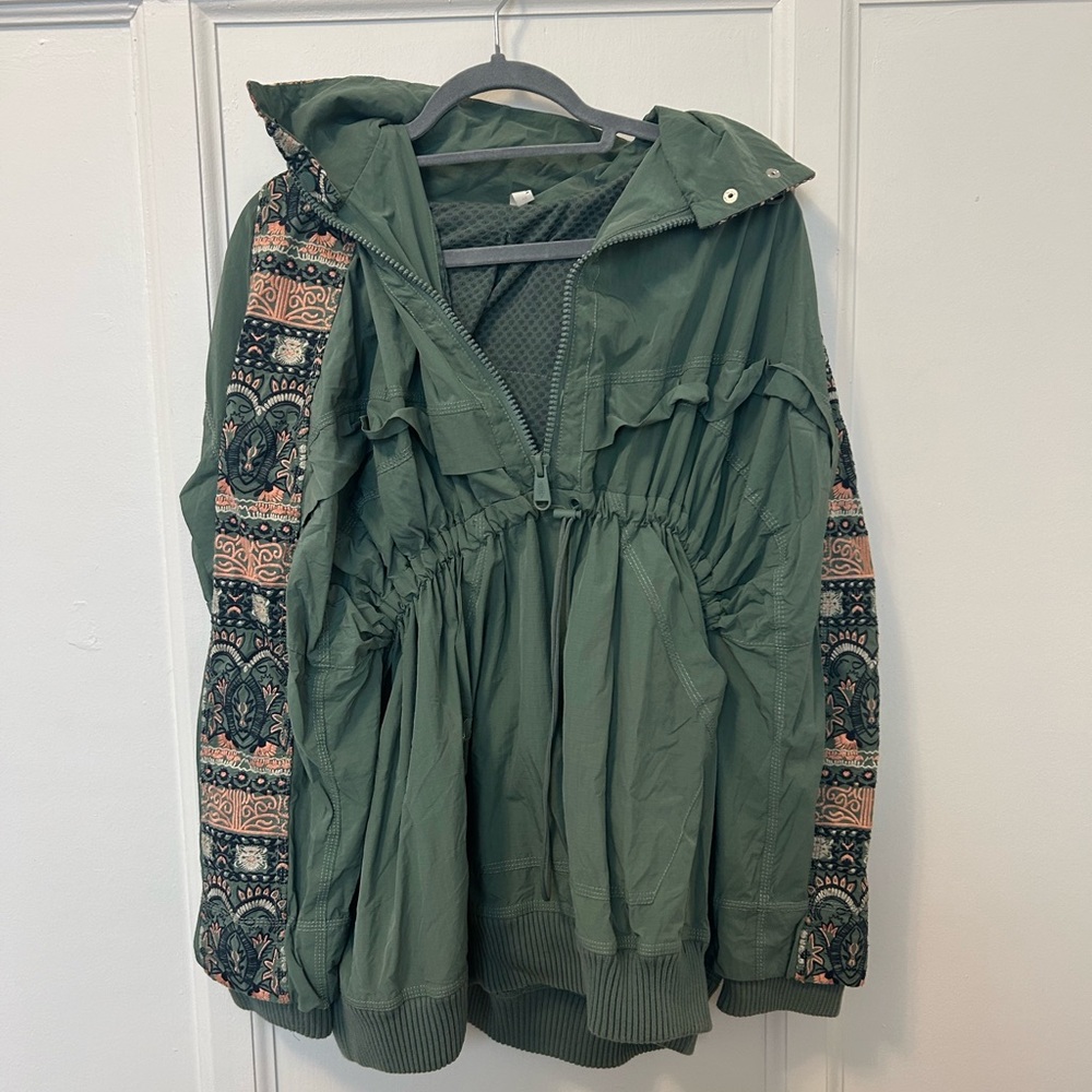 Free People Green Utility Jacket with Hood and Drawstring Waist